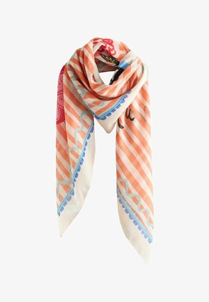 Lightweight scarf with diagonal orange and white stripes, blue wavy border, and floral patterns in red, blue, and black accents.