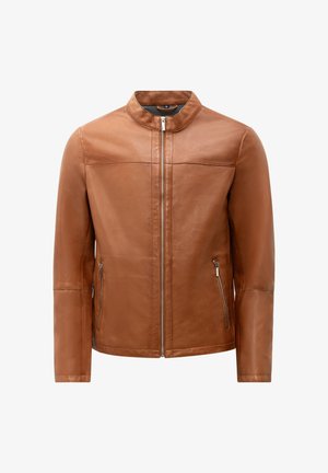 Braune Lederjacke mit Stehkragen, Frontreißverschluss und zwei Seitentaschen. Glatte Textur mit sauberen Nähten.