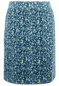 Falda floral azul con un patrón multicolor de hojas y flores, hecha de una tela texturizada, con una cintura ajustada y corte recto.