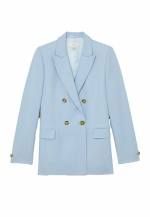 Svetlomodré dvojradové sako s výrezovými klopami, štyrmi zlatými gombíkmi vpredu, kapsami s chlopňami a gombíkmi na manžetách rukávov.