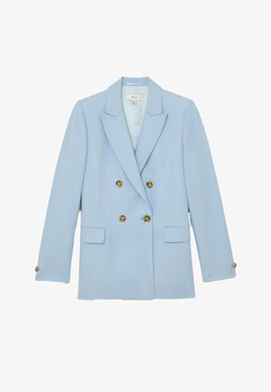Svetlomodré dvojradové sako s výrezovými klopami, štyrmi zlatými gombíkmi vpredu, kapsami s chlopňami a gombíkmi na manžetách rukávov.