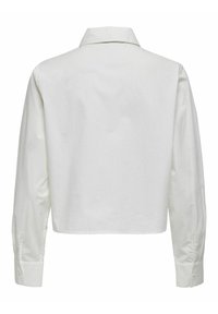 Chemisier court blanc à manches longues, poignets à boutons et col à revers. Tissu à texture lisse, design minimaliste, sans motifs ni accents.