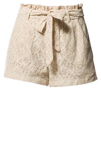 Spetsshorts i ljusbeige med en vågig midja, ett tygbälte och blommönster. Har en avslappnad passform med uppvikta fållar.