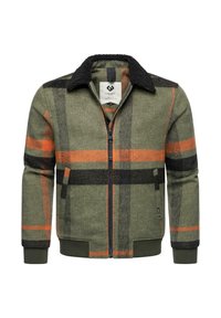 Green plaid jacket with orange and black lines, featuring a zip front, black sherpa collar, and elastic cuffs. Made from textured fabric.