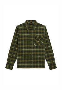 Groen geruite flanellen shirt met een kraag, lange mouwen, sluiting met knopen aan de voorkant en een borstzak. Bevat donkerblauwe en witte accenten.