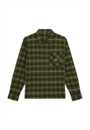 Green plaid flannel shirt with a collar, long sleeves, front button closure, and a chest pocket. Features dark blue and white accents.