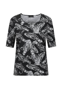 Zwart T-shirt met korte mouwen, voorzien van een zilveren bloem- en veerpatroon. Gemaakt van zachte stof met een ronde hals en een relaxte pasvorm.