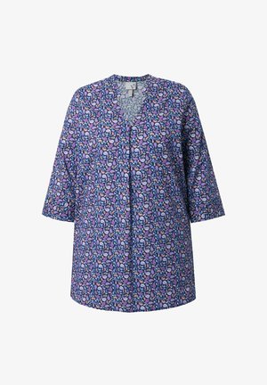 Tunika blu con maniche 3/4, scollatura a V e motivo paisley denso in tonalità di viola, rosa e bianco.