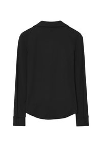 Black long-sleeve shirt with a collar, smooth texture, rounded hem, and buttoned cuffs. Classic, minimal design without patterns or accents.