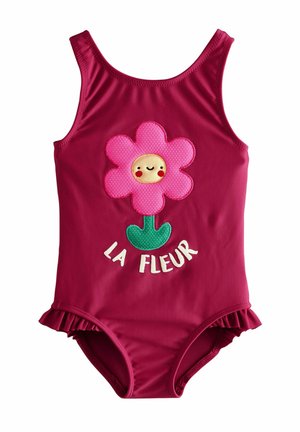 Vaarika ujumisriided, millel on roosa lille aplikeerimisega, naeratav nägu, roheline vars ja kiri "LA FLEUR"; voltidega servad jalgade avades.