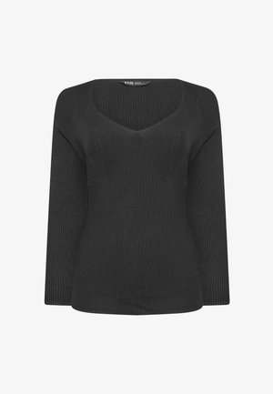 Czarny sweter z prążkowanej dzianiny z długimi rękawami i głębokim dekoltem w kształcie litery V, przedstawiony na białym tle.