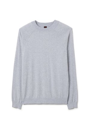 Sweat-shirt gris clair à manches longues en tissu doux, avec un col ras du cou et des poignets côtelés. Design simple, sans ornements ni motifs.