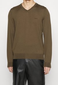 Brauner V-Ausschnitt-Pullover mit langen Ärmeln, aus einem glatten Strickstoff gefertigt. Mit einem dezenten Logo auf der Brust sowie gerippten Bündchen und Saum.