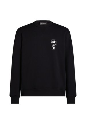 Schwarzer Sweatshirt aus Baumwollmischung, mit Rundhalsausschnitt, gerippten Bündchen und einem weißen Grafikdesign auf der Brust eines stilisierten Charakters.