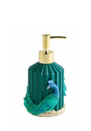 Green ribbed soap dispenser with gold pump and detailed blue and green peacock design wrapping around the base.