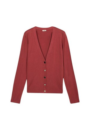 Rode cardigan met een V-hals, lange mouwen en een knoopsluiting aan de voorkant met vijf knopen in verschillende metalen ontwerpen. Zachte, gestructureerde stof.