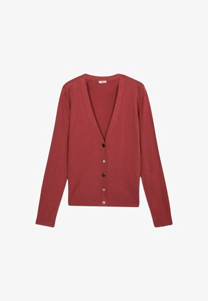Cardigan rosso con scollo a V, maniche lunghe e chiusura frontale a bottoni con cinque bottoni di vari design metallici. Tessuto morbido e testurizzato.