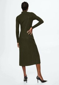 Abito lungo a maniche lunghe di colore verde oliva con silhouette aderente, che arriva a metà polpaccio. Presenta un collo alto e una texture liscia.