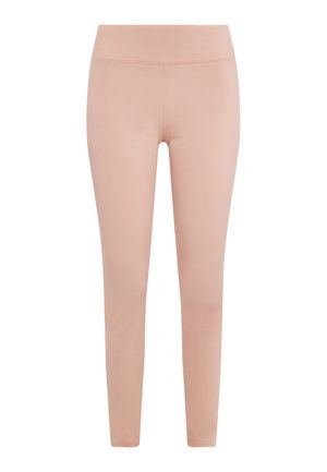 Svetloružové legíny vyrobené z elastického materiálu, s vysokým pásom a hladkým, bezšvovým dizajnom bez vreciek alebo ozdôb.