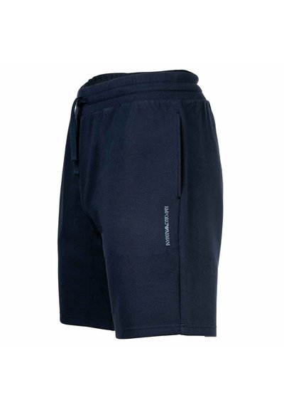 Pantaloni corti da uomo blu navy con vita elastica, tasche laterali, coulisse e logo verticale "Emporio Armani" sulla gamba sinistra.