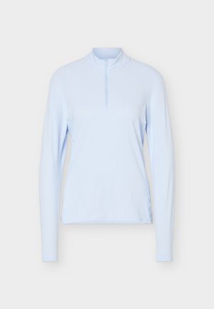 Svetlomodrý pulóver s dlhým rukávom, štvrťzipsom a vysokým golierom, navrhnutý pre úzky strih.
