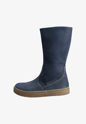 Navy blue tall boots made of smooth leather, featuring a textured rubber sole and contrasting stitching for durability and grip.