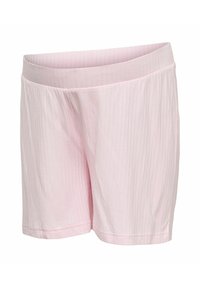 Shorts en maille côtelée rose pâle avec taille élastique, style mi-genou, conçus pour un port décontracté et confortable.