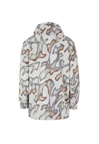 Kapuzenshirt mit weißer Basis, versehen mit abstrakten grauen, braunen und grünen Camouflage-Mustern. Elastische Bündchen und Logo am Hals.