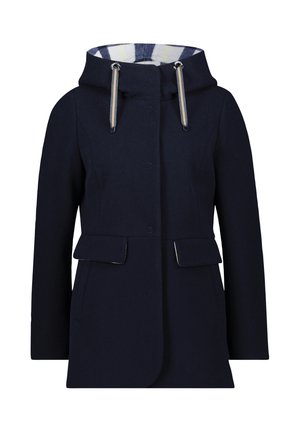 Navy blue wool coat with a hood featuring striped lining and drawstrings, front snap buttons, and two flap pockets at the waist.