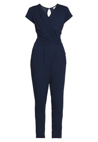 Granatowy kombinezon z miękkiego, elastycznego materiału. Posiada rękawy w kształcie czapki, zapięcie z przodu w stylu kopertowym, wycięcie na plecach oraz zwężane nogawki z zakładkami.