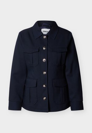 Dunkelblauer Damenjacke mit langen Ärmeln, silbernen Knöpfen vorne, vier Klappentaschen und spitzem Kragen.