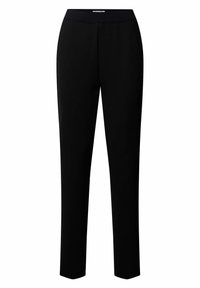 Pantaloni neri a taglio slim, con una texture liscia e una cintura elastica. Presentano un design a gamba dritta e uno stile minimalista, senza tasche.