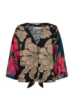 Schwarze Bluse mit beigem und buntem, großem Blumenmuster, V-Ausschnitt, weiten Ärmeln und einer vorderen Knotenbindung.
