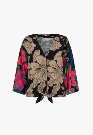 Schwarze Bluse mit beigem und buntem, großem Blumenmuster, V-Ausschnitt, weiten Ärmeln und einer vorderen Knotenbindung.