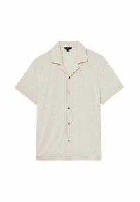 Camisa de botones de manga corta en beige claro con cuello plano, con una textura suave y botones plateados en la parte delantera.