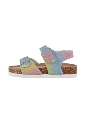 Sandalo per bambino con punta aperta, cinturini arcobaleno glitterati, fibbia regolabile e chiusure a strappo, plantare in sughero e suola bianca.