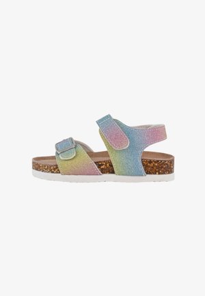 Sandalo per bambino con punta aperta, cinturini arcobaleno glitterati, fibbia regolabile e chiusure a strappo, plantare in sughero e suola bianca.