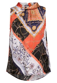 Mouwloze blouse met een hoge kraag, voorzien van een kleurrijk patroon van kettingen, bloemen en geometrische vormen in tinten van rood, marineblauw en wit.