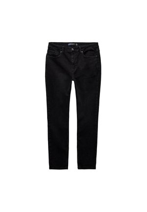 Sorte denimjeans har en slim fit, standard fem-lomme design og en knaplukning. Glat tekstur med minimal slidtage-detaljering.
