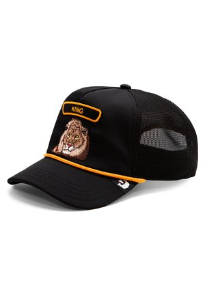 Black cap with mesh sides, featuring an embroidered lion design and "KING" label in orange. Includes a textured black brim and contrast trim.