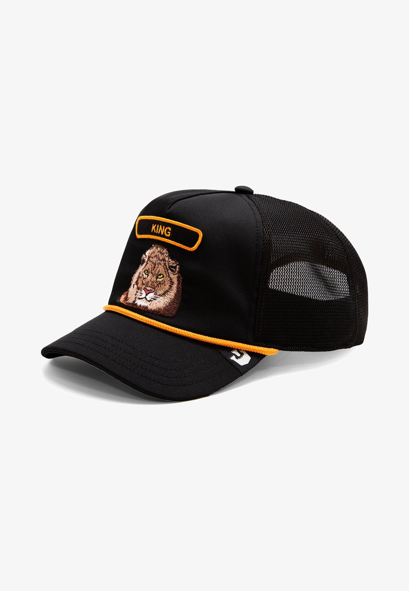 Gorra negra con lados de malla, que presenta un diseño de león bordado y una etiqueta en naranja que dice "KING". Incluye un visor negro texturizado y ribete en contraste.