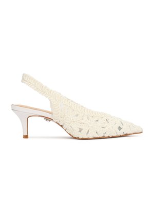 White slingback kitten heel with pointed toe, floral lace overlay, and decorative braided trim along the edges.