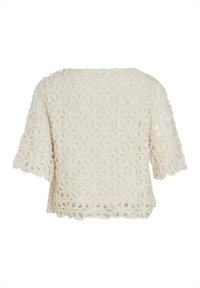 Hvitt heklet topp med korte, brede ermer. Har et blomstermønster og teksturert veving, med en løs passform og rund halslinning.