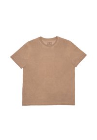 Kurzärmliges T-Shirt mit Rundhalsausschnitt in einem hellbraunen Farbton. Hergestellt aus weichem Stoff mit glatter Textur. Keine sichtbaren Muster oder Akzente.