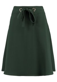 Jupe verte en tissu lisse, dotée d'une taille ajustée avec des œillets et un lien. Le design est à hauteur du genou avec une silhouette évasée.