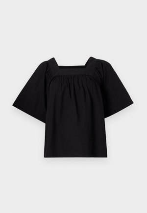 Svart bomullstop med firkantet utringning, korte vide ermer og rynket detaljer i midjen for en avslappet passform. Enkel og minimalistisk design.
