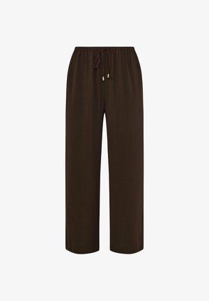 Løse mørkebrune loungbukser med elastisk talje og snørelukning foran, lige ben.