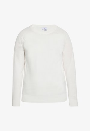 Kremasti pulover svjetlije boje, napravljen od mekanog, teksturiranog materijala. Ima klasičan okrugli izrez, duge rukave i rebraste manžetne i rub.