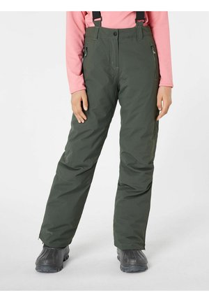 Pantalons de neige imperméables verts avec bretelles noires réglables, poches zippées, coupe droite et ourlets renforcés, associés à des bottes grises.