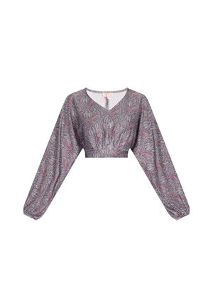 Gekürzte Bluse im Häkelstil in Grau mit einem mehrfarbigen Paisleymuster; verfügt über lange Ärmel, einen V-Ausschnitt und elastische Bündchen.